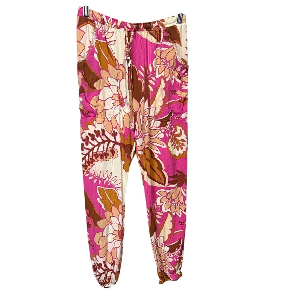 Olivacious Women's Size S Floral Print Jogger Pants Pink Brown Cream‎
